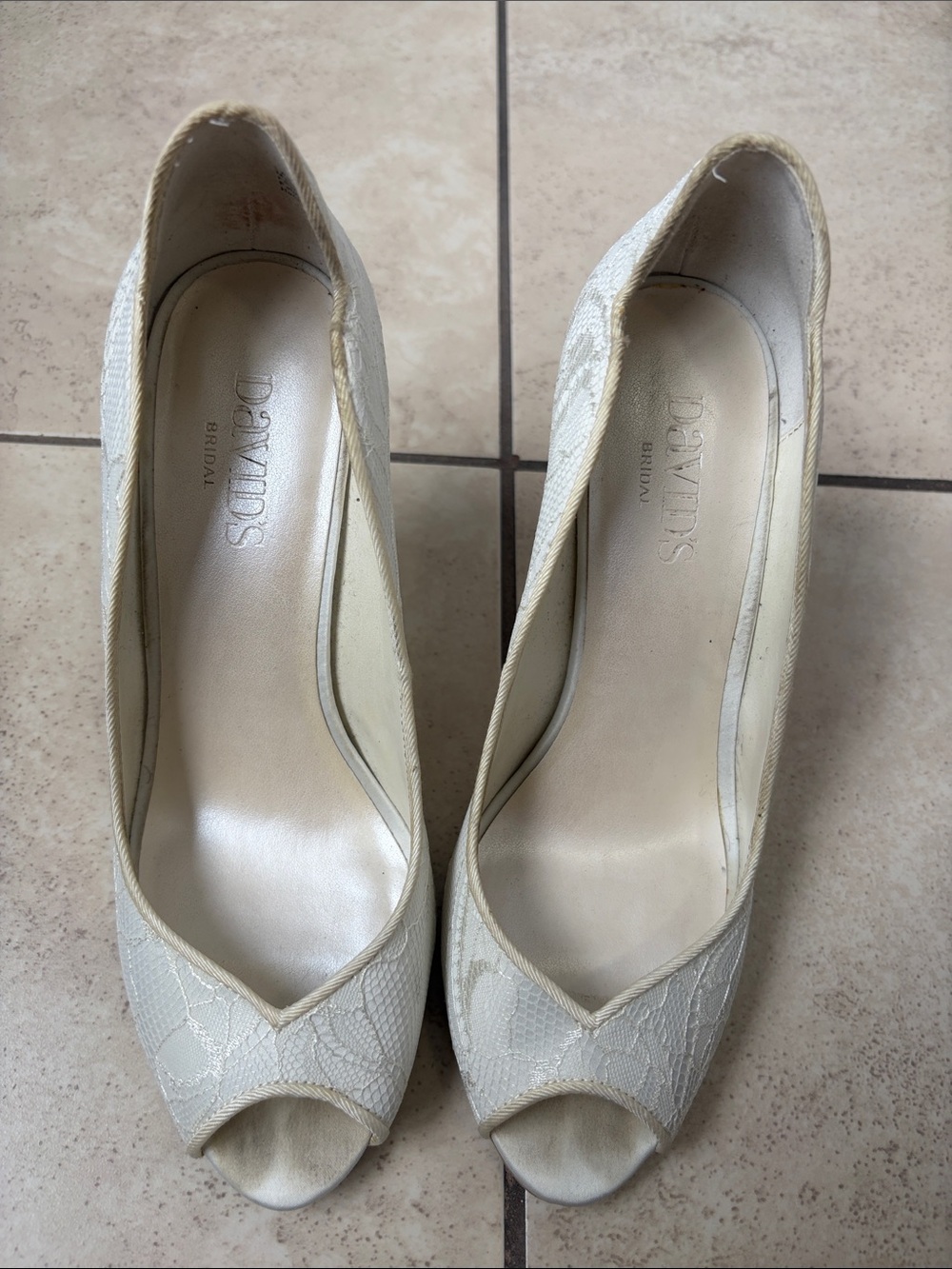 David's Bridal Ivory Lace Peep-Toe Heels